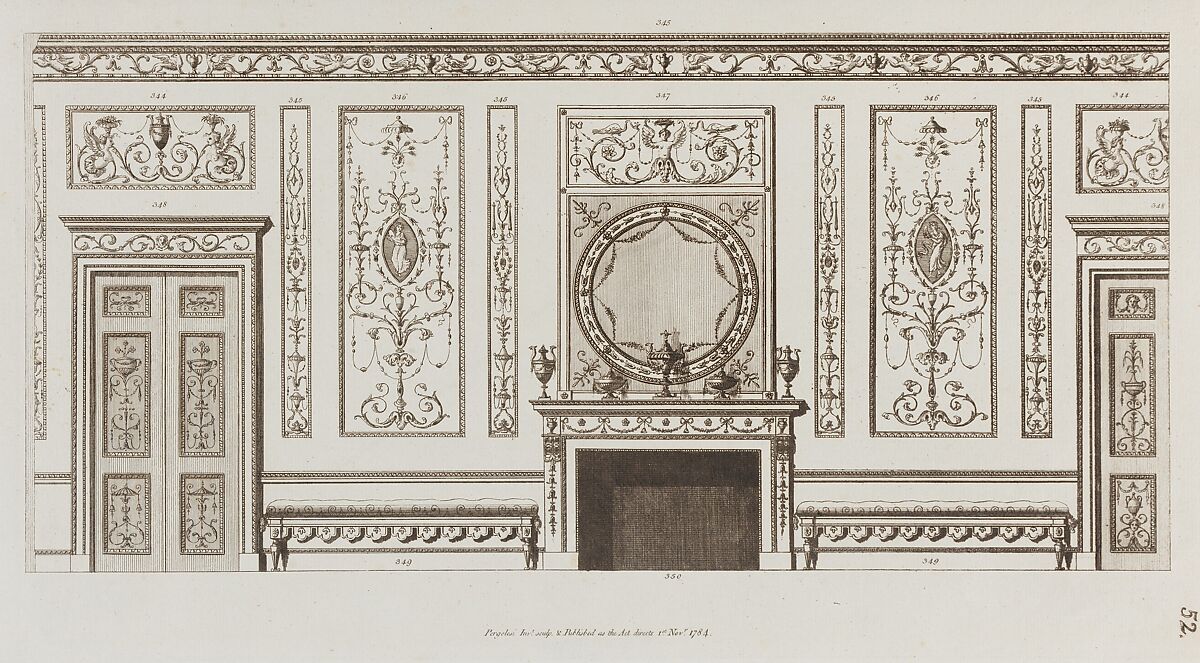 Interior design of wall with door, fireplace, panels and benches (in "Designs for Various Ornaments," pl. 52), Michelangelo Pergolesi (Italian, active from 1760–died 1801), Etching 