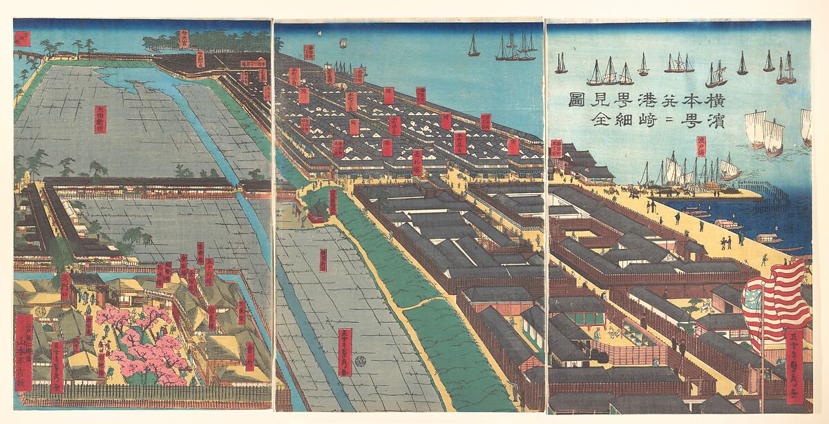 Detailed Print of Yokohama Hon-chō and the Miyozaki Pleasure Quarter, Utagawa (Gountei) Sadahide (Japanese, 1807–1873), Triptych of woodblock prints; ink and color on paper, Japan 