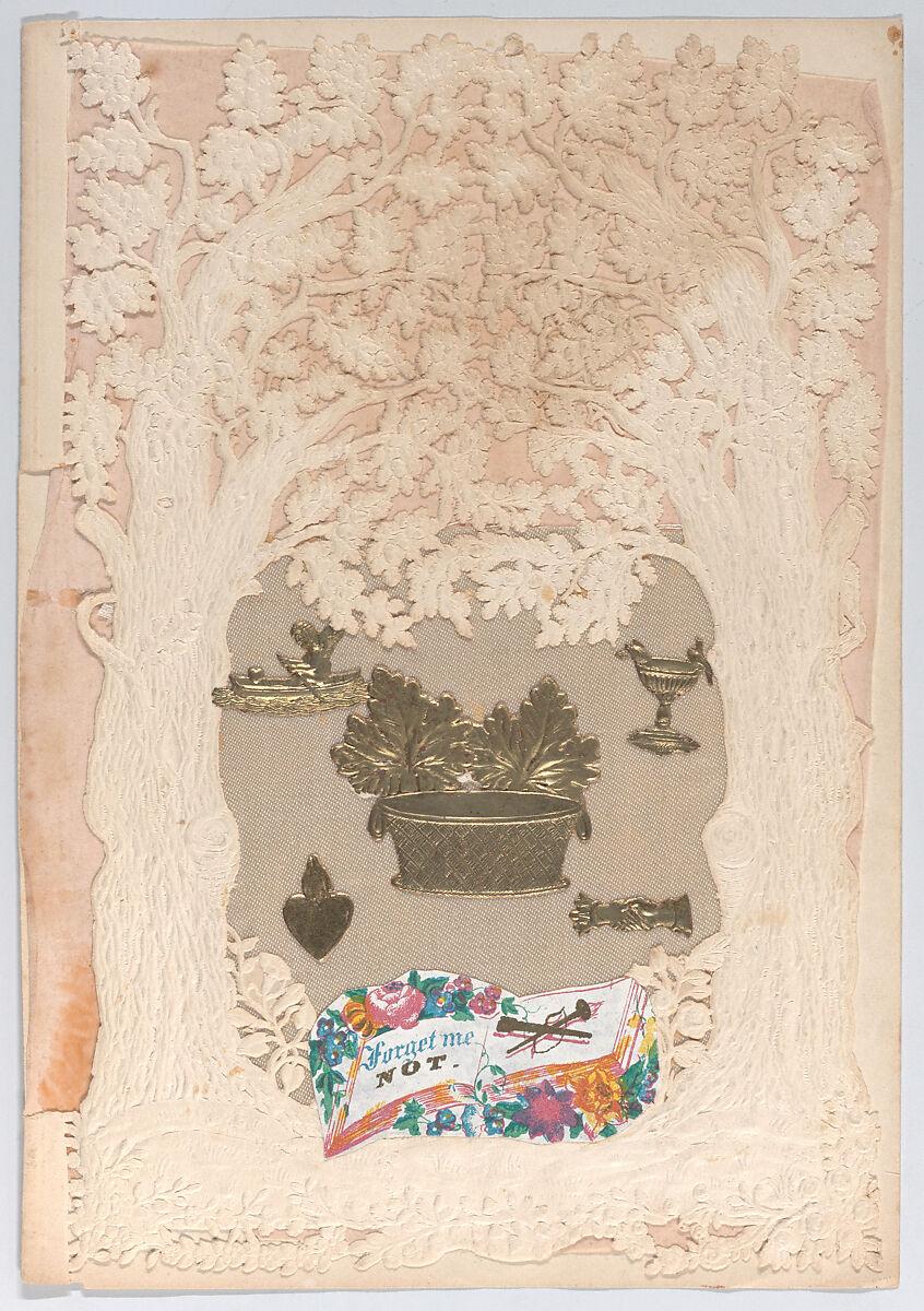 Valentine, Anonymous, Cameo-embossed,   open-work lace paper, chromolithography, die-cut golden Dresden scraps,  satin 