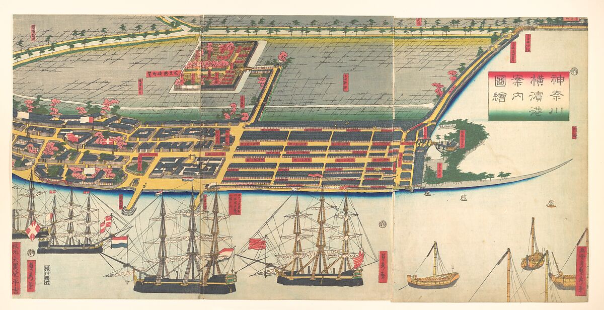 Pictorial Guide to Yokohama Harbor, Utagawa (Gountei) Sadahide (Japanese, 1807–1873), Triptych of woodblock prints; ink and color on paper, Japan 
