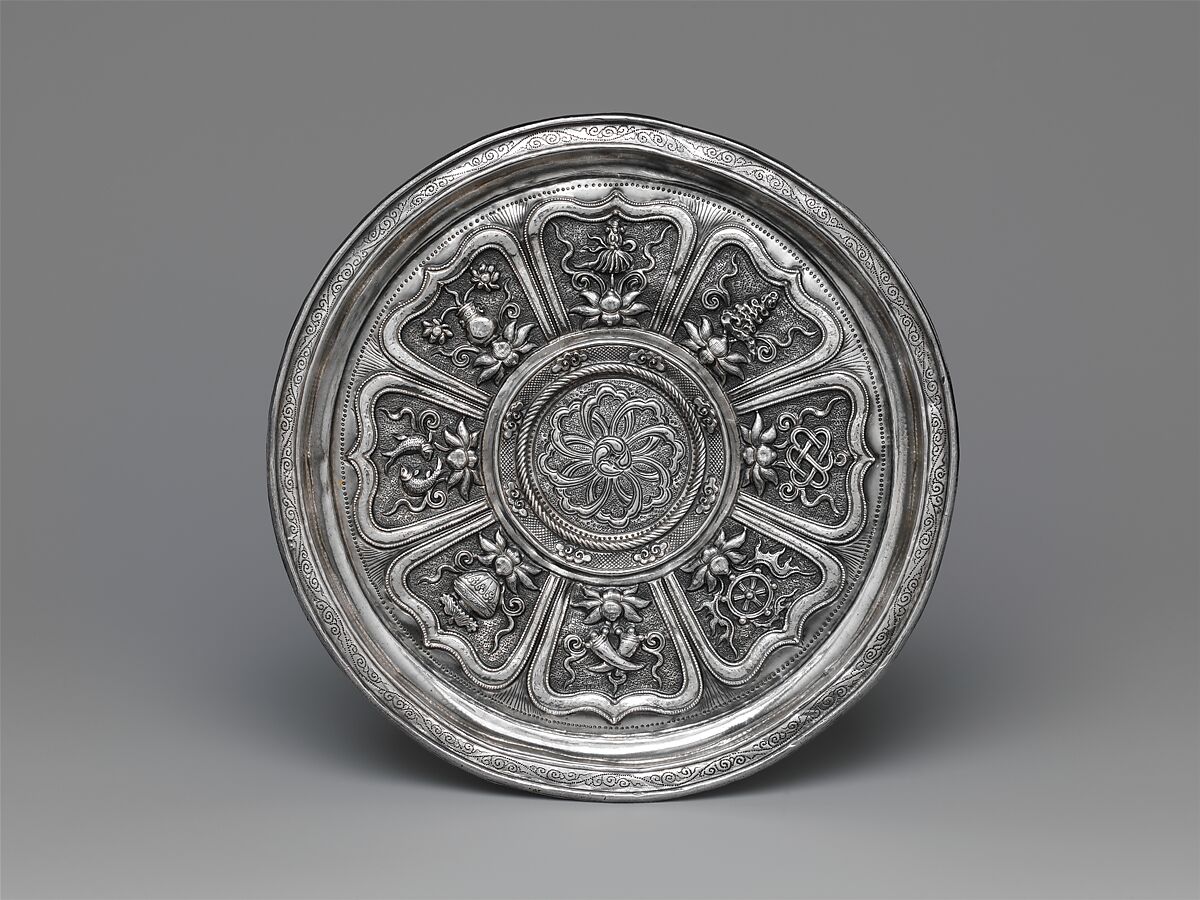 Cup Stand with the Eight Buddhist Treasures, Silver with repoussé decoration, China 