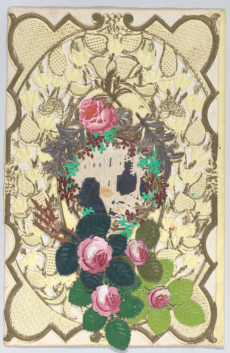 Valentine, Anonymous, Cameo-embossed flowers, open-work, gilded yellow-colored lace paper and white lace paper, chromolithography, die-cut golden and silver Dresden scraps,  silver paper 