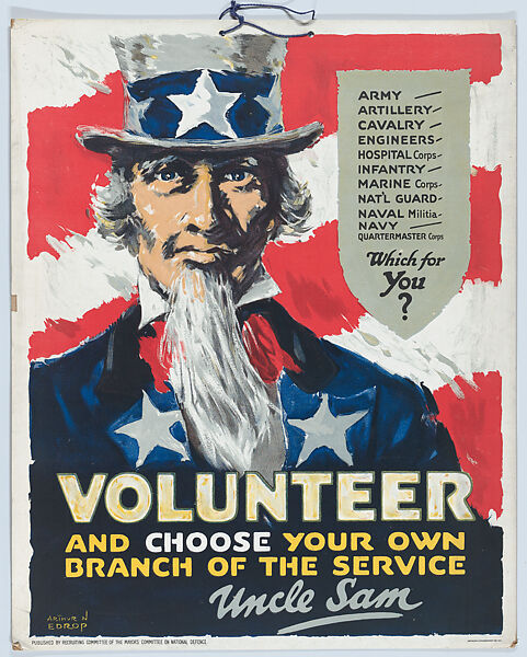 Volunteer and choose your own branch of the service, Arthur Norman Edrop (British (active America), born Birmingham, England, 1884), Commercial color lithograph 
