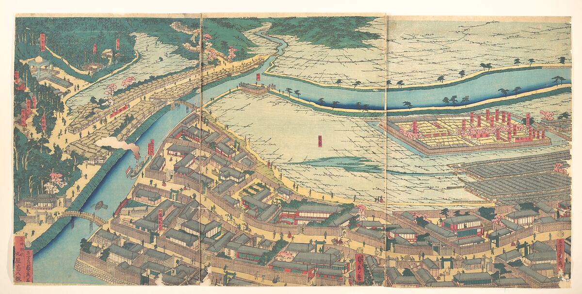 Revised Yokohama Landscape, Utagawa (Gountei) Sadahide (Japanese, 1807–1873), Hexaptych of woodblock prints; ink and color on paper, Japan