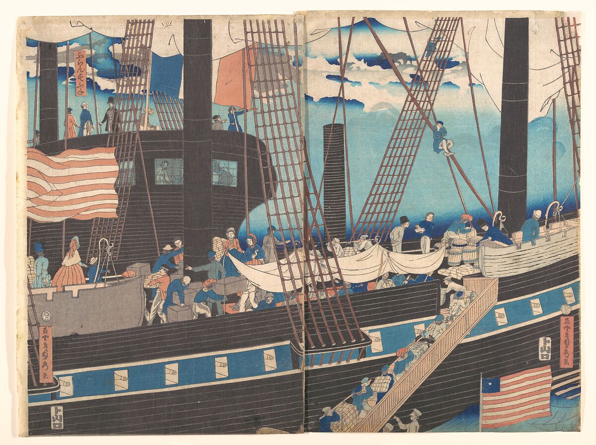 “Yokohama Trade: Westerners Loading Cargo”, Utagawa (Gountei) Sadahide (Japanese, 1807–1873), Pentaptych of woodblock prints; ink and color on paper, Japan 