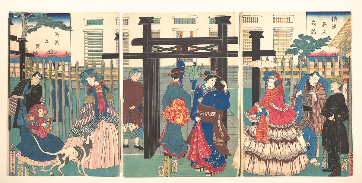 Foreign Business Establishment in Yokohama (Yokohama ijin shōkan shashin no zu), Utagawa (Gountei) Sadahide (Japanese, 1807–1873), Triptych of woodblock prints (nishiki-e); ink and color on paper, Japan 