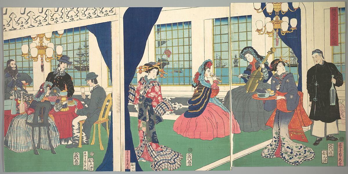 Foreigners in the Drawing Room of Foreign Merchant's House in Yokohama, Utagawa (Gountei) Sadahide (Japanese, 1807–1873), Triptych of woodblock prints; ink and color on paper, Japan 