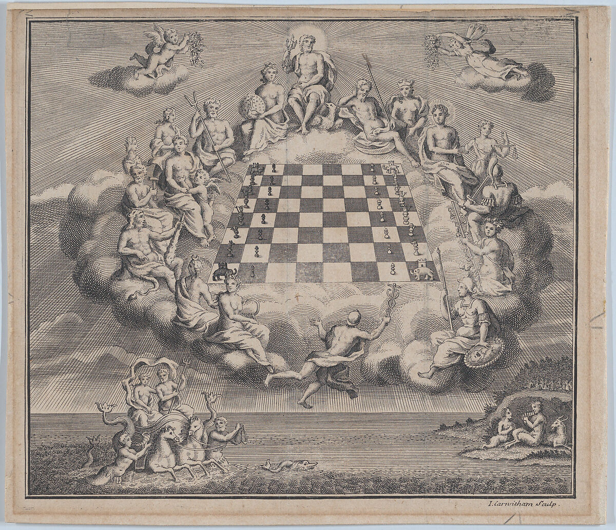 Heavenly Scene with the Gods of Olympus Surrounding a Chess Board, Poseidon and Pan Below, John Carwitham (British, active ca. 1723–60), Engraving 