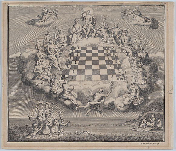 Heavenly Scene with the Gods of Olympus Surrounding a Chess Board, Poseidon and Pan Below