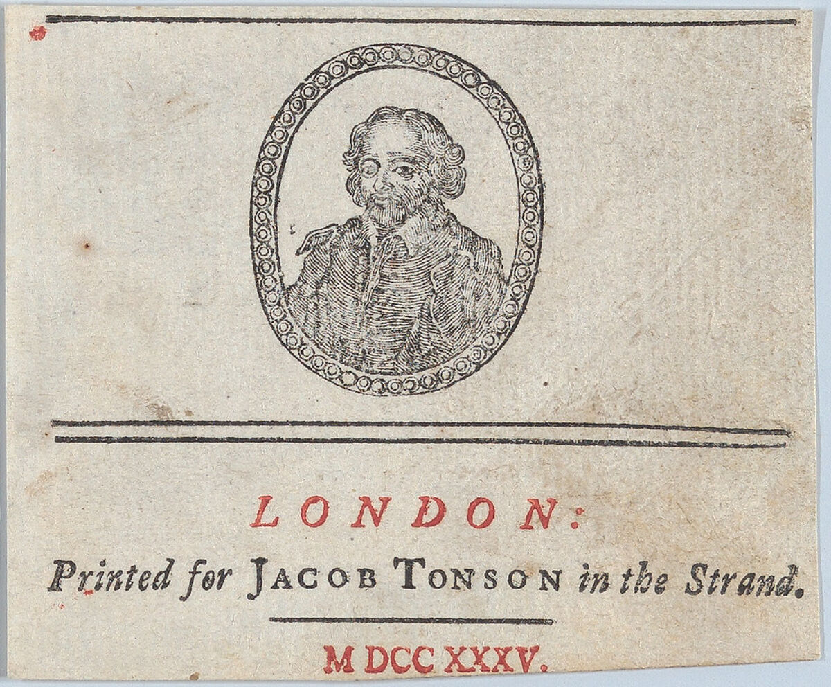 Shakespeare's Head Emblem, Jacob Tonson, the Elder (British, London 1655–1736 Barn Elms, Surrey), Wood cut and letter press 