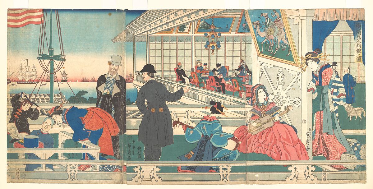 Home of Foreign Merchants in Yokohama, Utagawa (Gountei) Sadahide (Japanese, 1807–1873), Triptych of woodblock prints; ink and color on paper, Japan 