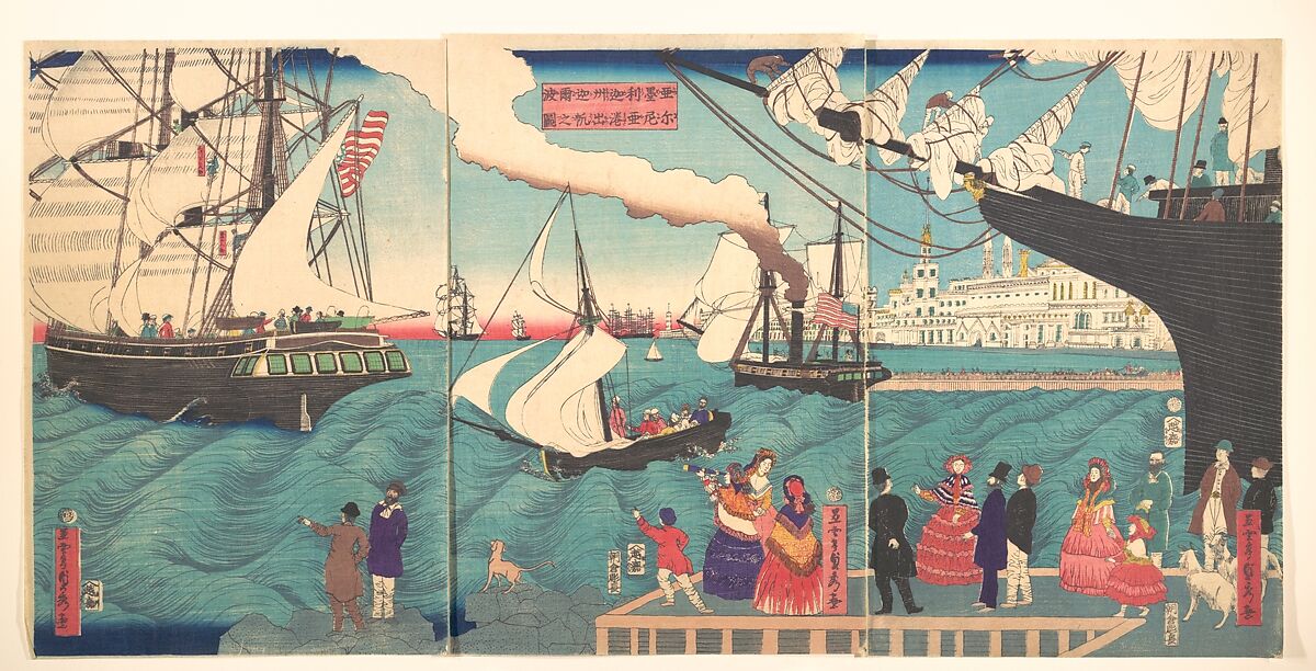 Vessels Departing from California, America, Utagawa (Gountei) Sadahide (Japanese, 1807–1873), Triptych of woodblock prints; ink and color on paper, Japan 