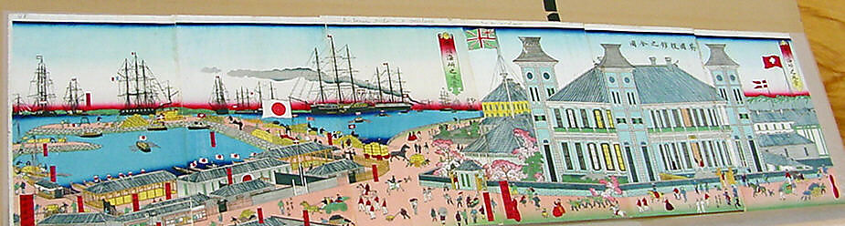 View of the Seafront at Yokohama and the British Trading House, Utagawa (Gountei) Sadahide (Japanese, 1807–1873), Hexaptych of woodblock prints; ink and color on paper, Japan 