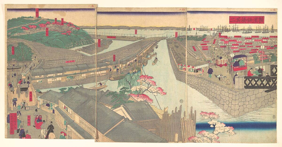 The Steel Bridge at Yokohama, Utagawa (Gountei) Sadahide (Japanese, 1807–1873), Hexaptych of woodblock prints; ink and color on paper, Japan