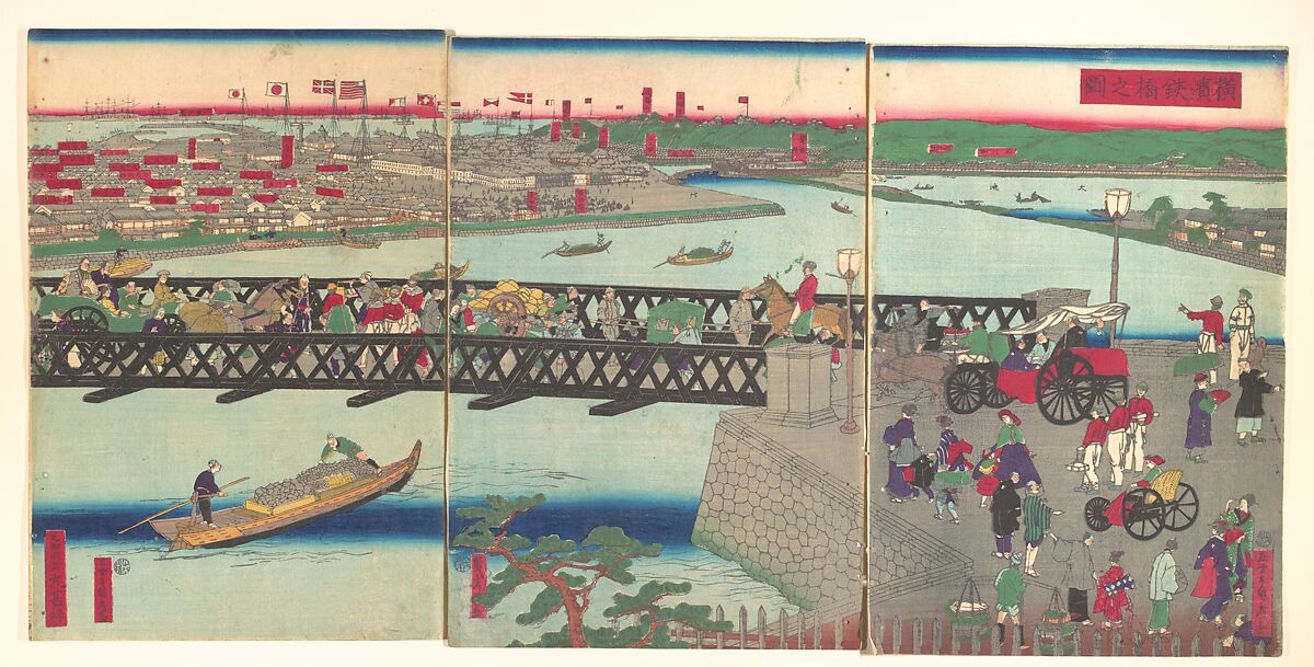 The Steel Bridge at Yokohama, Utagawa (Gountei) Sadahide (Japanese, 1807–1873), Hexaptych of woodblock prints; ink and color on paper, Japan