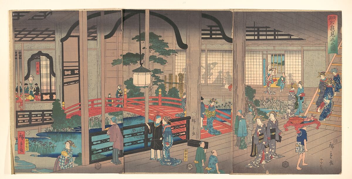 View of the Interior of the Gankirō Tea House in Yokohama, Utagawa Hiroshige II (Japanese, 1826–1869), Triptych of woodblock prints; ink and color on paper, Japan 