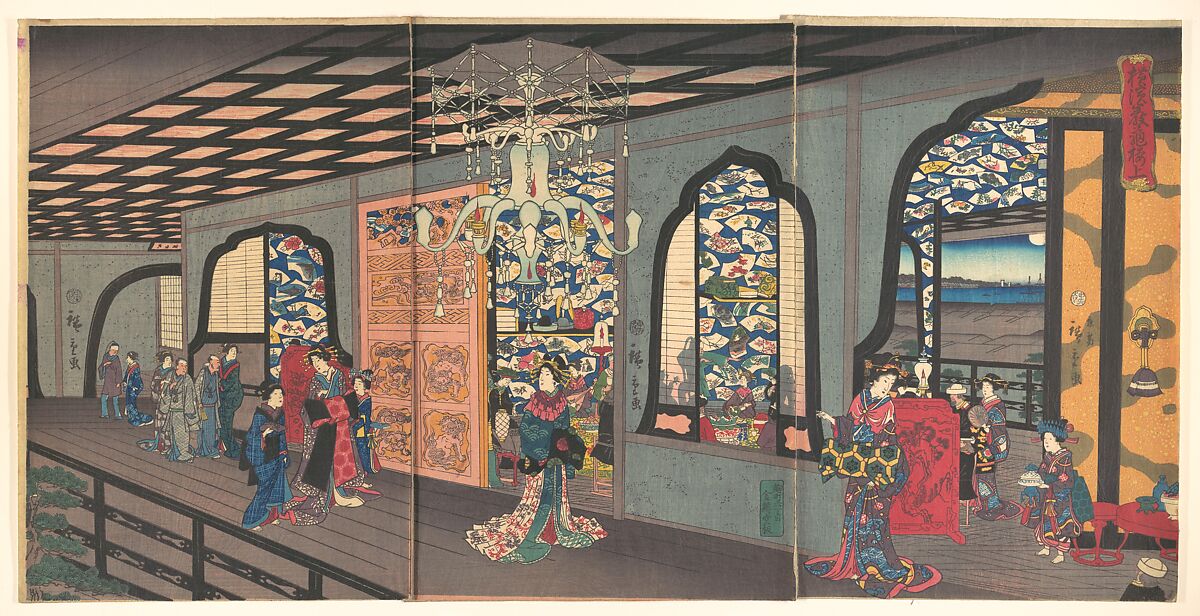 Upper Floor of the Gankirō Tea House in Yokohama, Utagawa Hiroshige II (Japanese, 1826–1869), Triptych of woodblock prints; ink and color on paper, Japan 