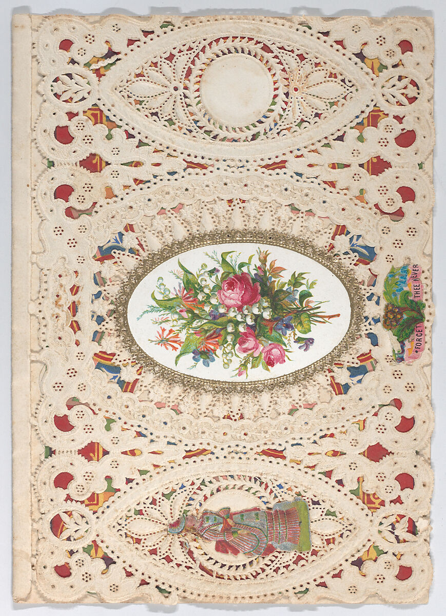 Valentine, Anonymous, Cameo-embossed open-work lace paper, chromolithography, die-cut scrap, gilded paper edging 