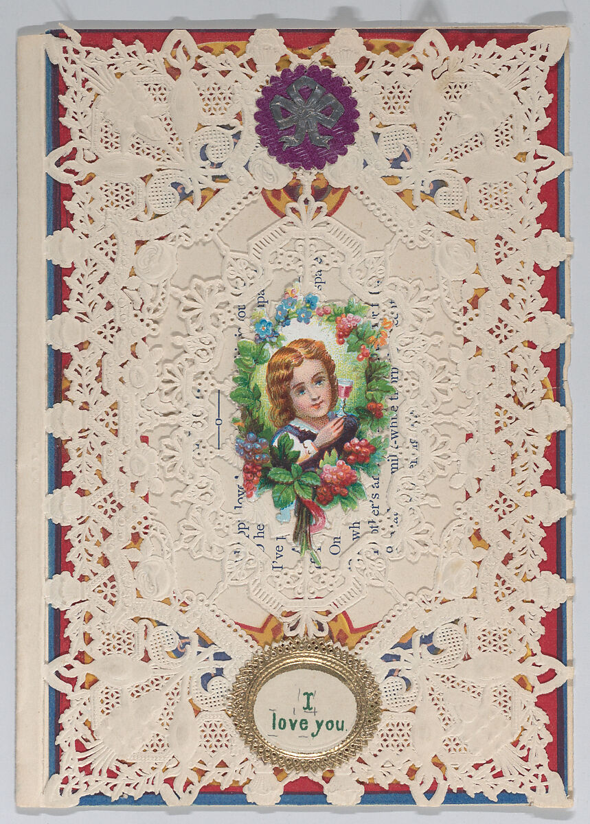 Valentine, Anonymous, Cameo-embossed open-work lace paper, chromolithography, die-cut scrap, gilded paper edging,colored paper,silver paper scrap, graphite 