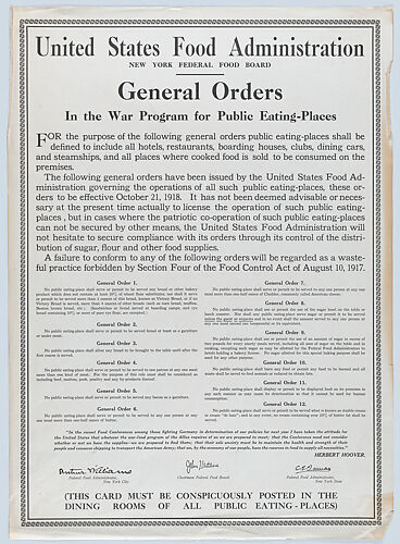 United States Food Administration, General Orders