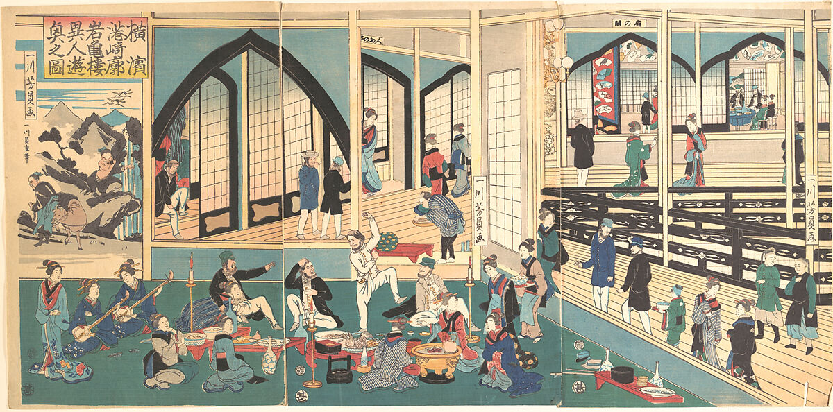 Foreigners Enjoying a Party at the Gankirō Tea House, Utagawa Yoshikazu (Japanese, active ca. 1850–70), Triptych of woodblock prints; ink and color on paper, Japan 