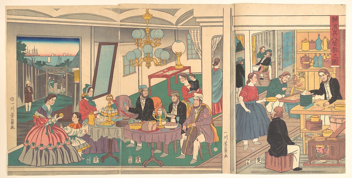 A Foreign Residence in Yokohama, Utagawa Yoshikazu (Japanese, active ca. 1850–70), Triptych of woodblock prints (nishiki-e); ink and color on paper, Japan 
