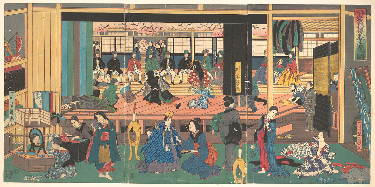 Foreigners Enjoying Children's Kabuki at the Gankirō Tea House, Utagawa Yoshikazu (Japanese, active ca. 1850–70), Triptych of woodblock prints; ink and color on paper, Japan 