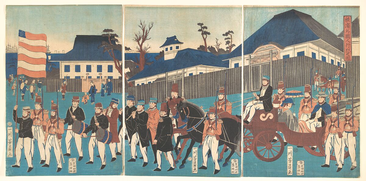 Picture of a Procession of Foreigners at Yokohama, Utagawa Yoshikazu (Japanese, active ca. 1850–70), Triptych of woodblock prints; ink and color on paper, Japan 