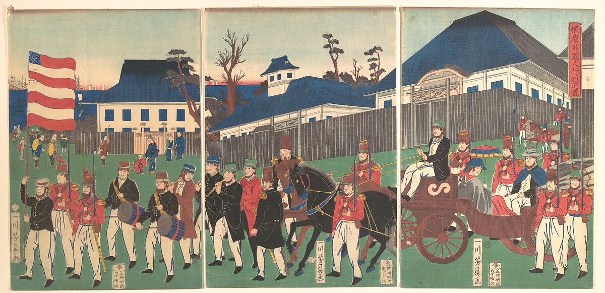 Picture of a Procession of Foreigners at Yokohama, Utagawa Yoshikazu (Japanese, active ca. 1850–70), Triptych of woodblock prints; ink and color on paper, Japan 