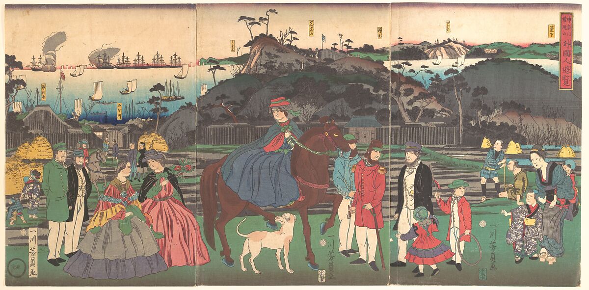 Foreigners Visiting the Famous Site of Mt. Gongen in Kanagawa, Utagawa Yoshikazu (Japanese, active ca. 1850–70), Triptych of woodblock prints; ink and color on paper, Japan 