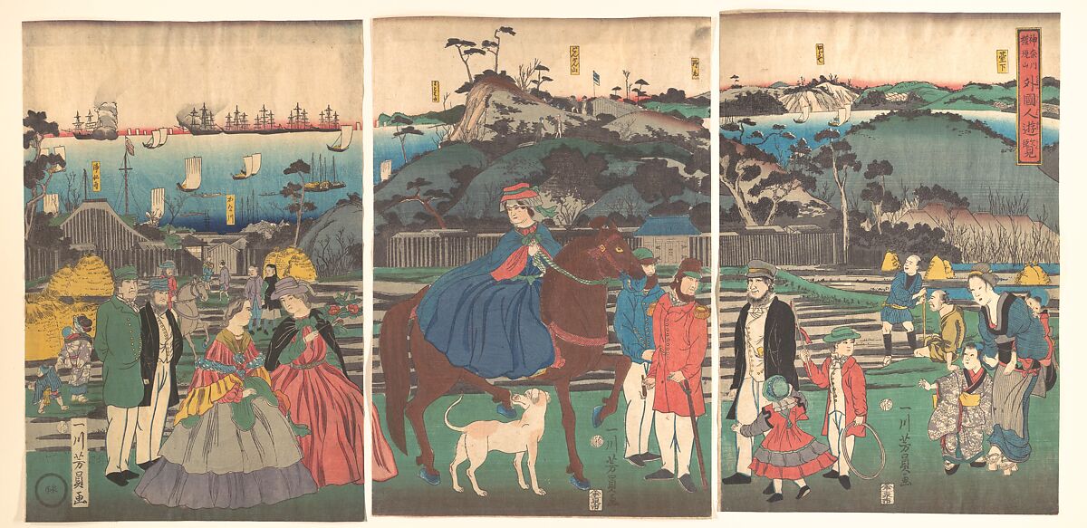 Foreigners Visiting the Famous Site of Mt. Gongen in Kanagawa, Utagawa Yoshikazu (Japanese, active ca. 1850–70), Triptych of woodblock prints; ink and color on paper, Japan 