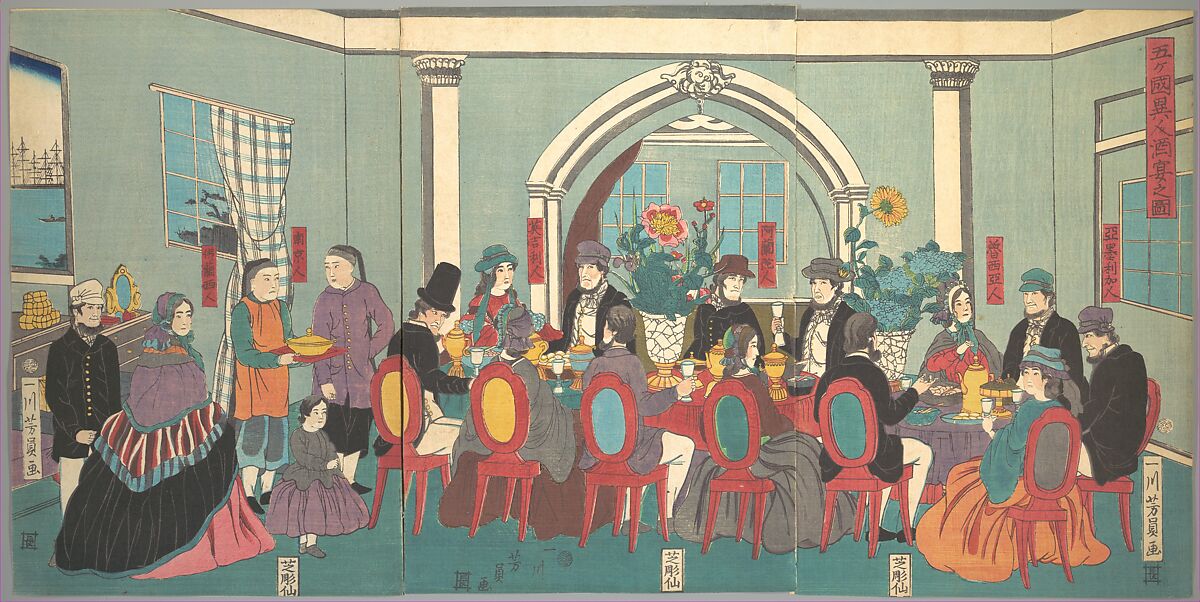 Foreigners from the Five Nations Enjoying a Banquet, Utagawa Yoshikazu (Japanese, active ca. 1850–70), Triptych of woodblock prints; ink and color on paper, Japan 