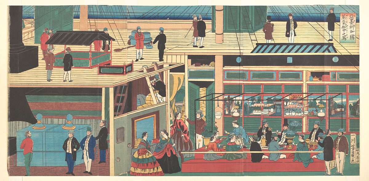Interior of an American Steamship, Utagawa Yoshikazu (Japanese, active ca. 1850–70), Triptych of woodblock prints; ink and color on paper, Japan 
