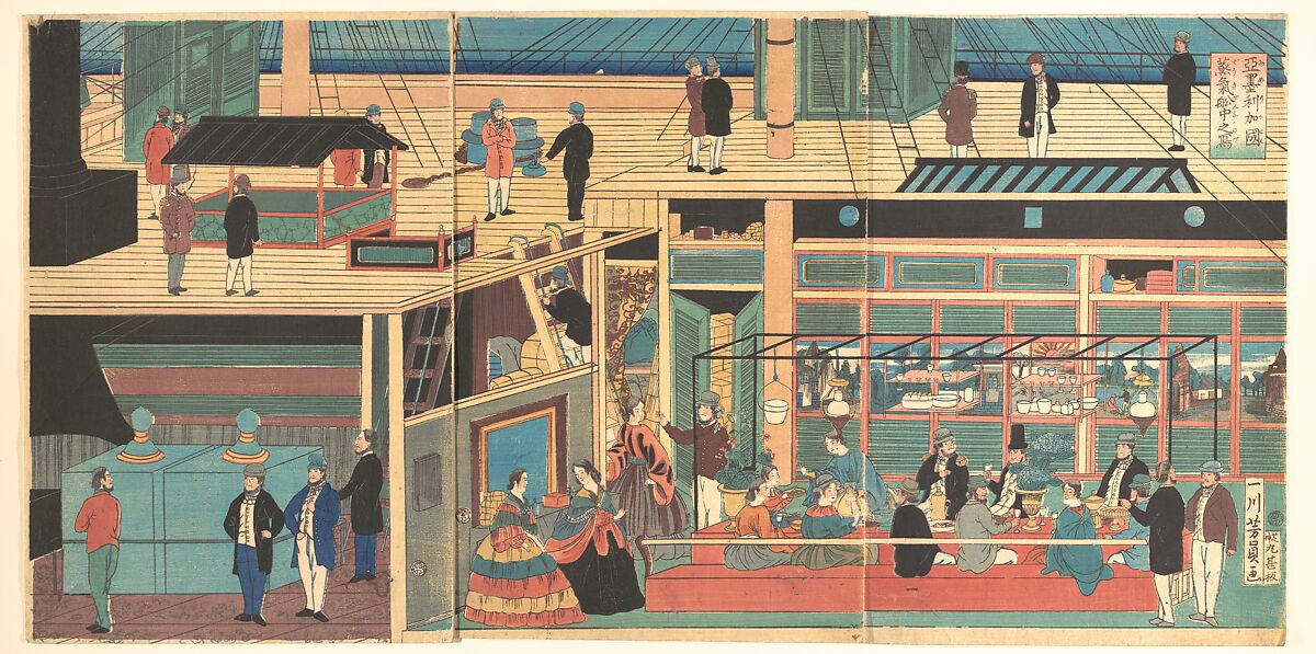 Interior of an American Steamship, Utagawa Yoshikazu (Japanese, active ca. 1850–70), Triptych of woodblock prints; ink and color on paper, Japan 