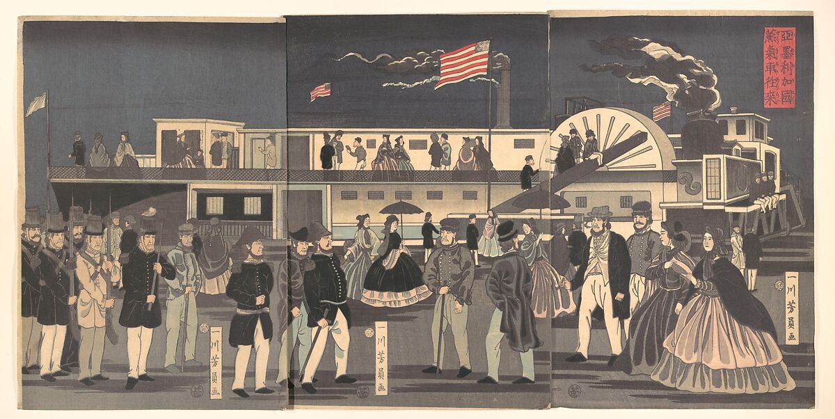 “America”: A Steamship in Transit, Utagawa Yoshikazu (Japanese, active ca. 1850–70), Triptych of woodblock prints; ink and color on paper, Japan 