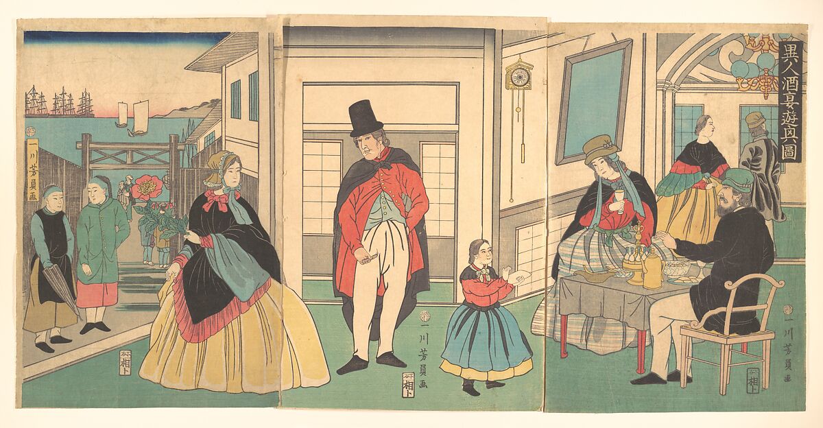 Foreigners Enjoying a Banquet, Utagawa Yoshikazu (Japanese, active ca. 1850–70), Triptych of woodblock prints; ink and color on paper, Japan 