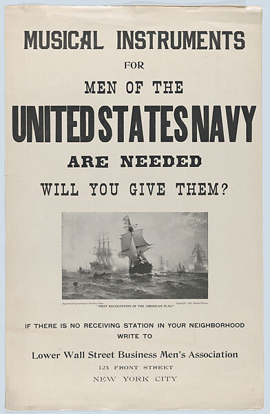 Musical instruments for men of the United States Navy, Edward Moran (American (born England), Bolton, Lancashire 1829–1901 New York), Commercial lithograph 