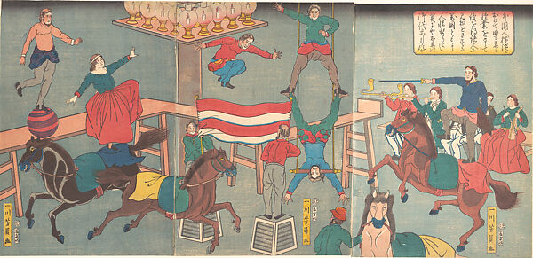 Untitled (Circus in Yokohama), Utagawa Yoshikazu (Japanese, active ca. 1850–70), Triptych of woodblock prints; ink and color on paper, Japan 