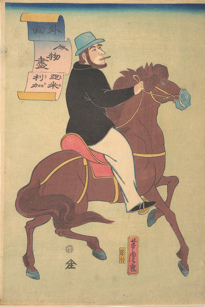 American Horseman, Utagawa Yoshitora (Japanese, active ca. 1850–80), Woodblock print; ink and color on paper, Japan 