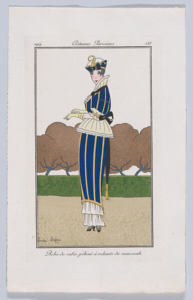 Costumes Parisiens 138: Robe de satin pékiné à volants de nansouk, Designed by André Stéfan (French, active early 20th century), plates: hand colored engraving 