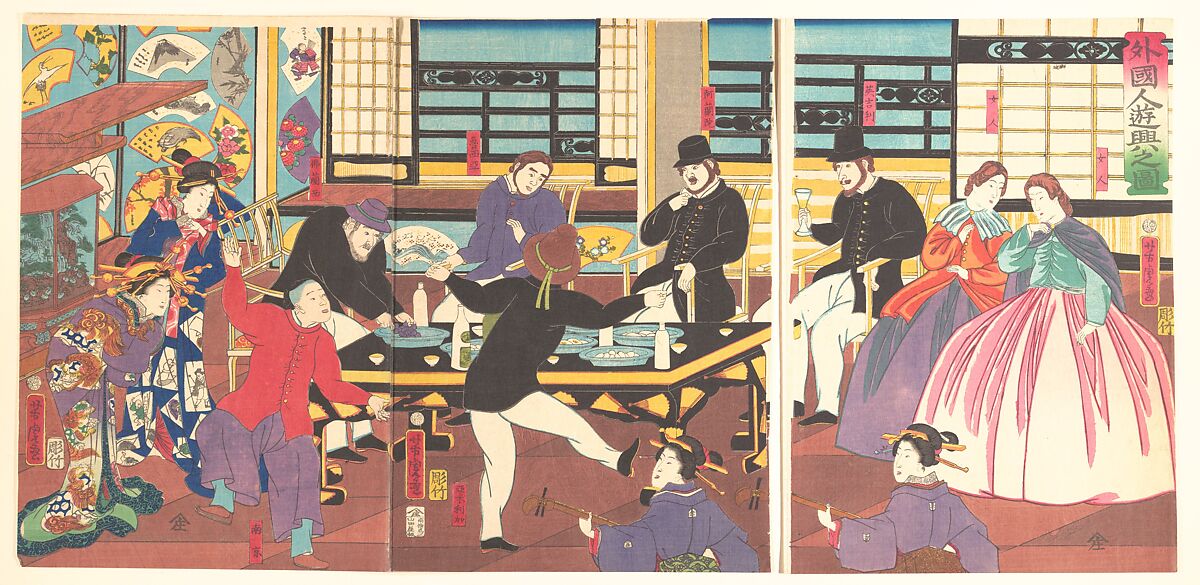 Foreigners Enjoying a Party (Gaikokujin yūkyō no zu), Utagawa Yoshitora (Japanese, active ca. 1850–80), Woodblock print (nishiki-e); ink and color on paper, Japan 