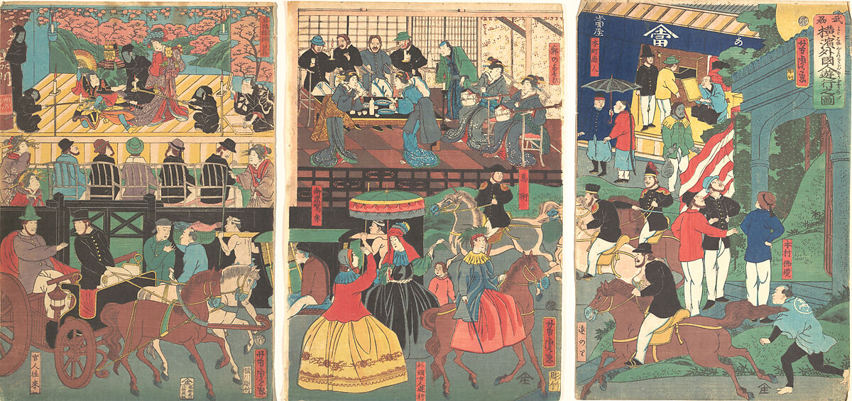 A View of the Amusements of the Foreigners in Yokohama, Bushu, Utagawa Yoshitora (Japanese, active ca. 1850–80), Triptych of woodblock prints; ink and color on paper, Japan 