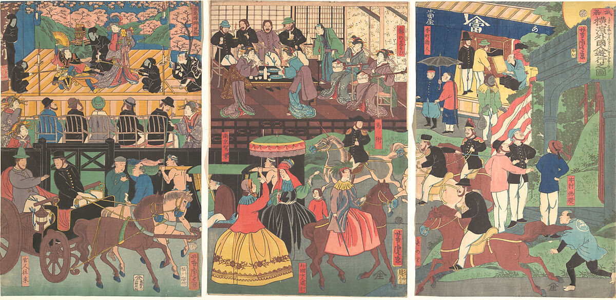 A View of the Amusements of the Foreigners in Yokohama, Bushu, Utagawa Yoshitora (Japanese, active ca. 1850–80), Triptych of woodblock prints; ink and color on paper, Japan 