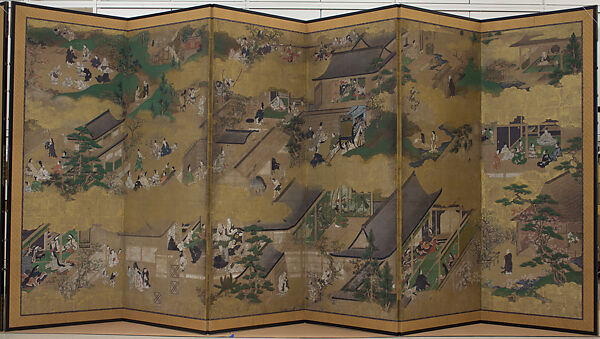 Essays in Idleness (Tsurezuregusa), Unidentified artist, Pair of six-panel folding screens; ink, colors, and gold on paper, Japan 