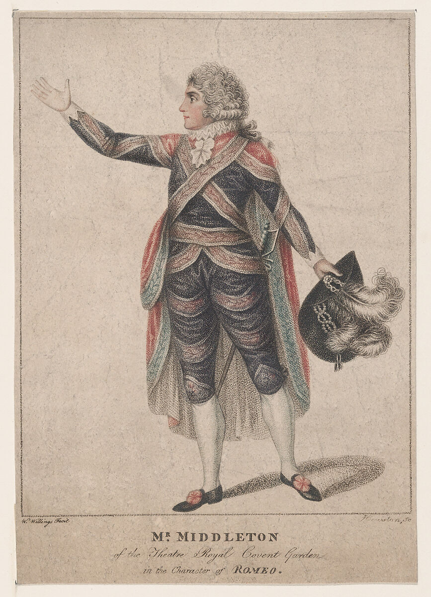 Mr. Middleton of the Theatre Royal, Covent Garden, in the Character of Romeo, Heurston (British, active 1790s), Stipple engraving, printed in color 