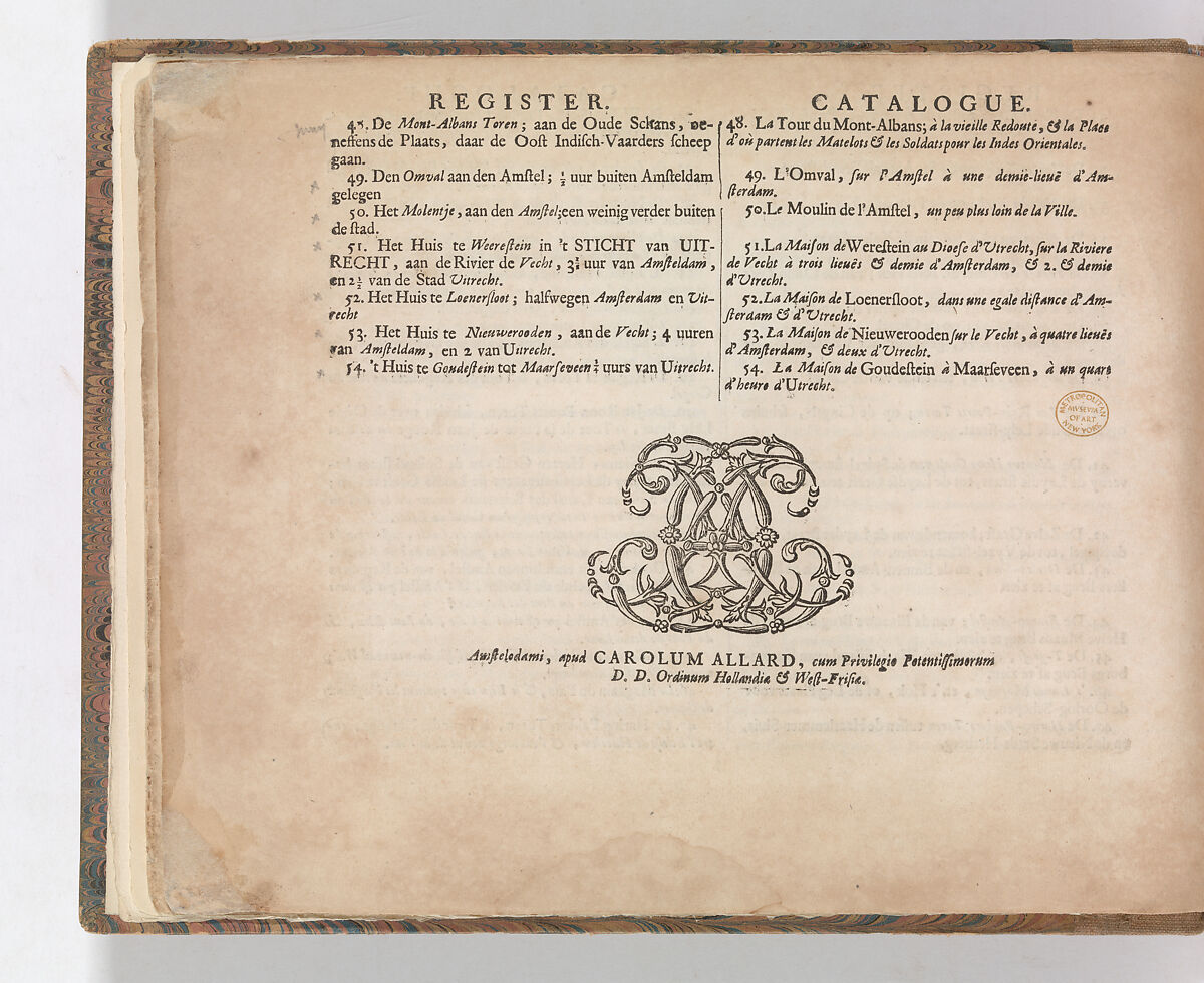 Index to the plates of the 'Tooneel Der Voornaamste Nederlands Huizen, En Lust Hoven, Naar T Leven Afgebeeld', Carel Allard (Dutch, Amsterdam 1648–ca. 1709 Amsterdam), Letterpress