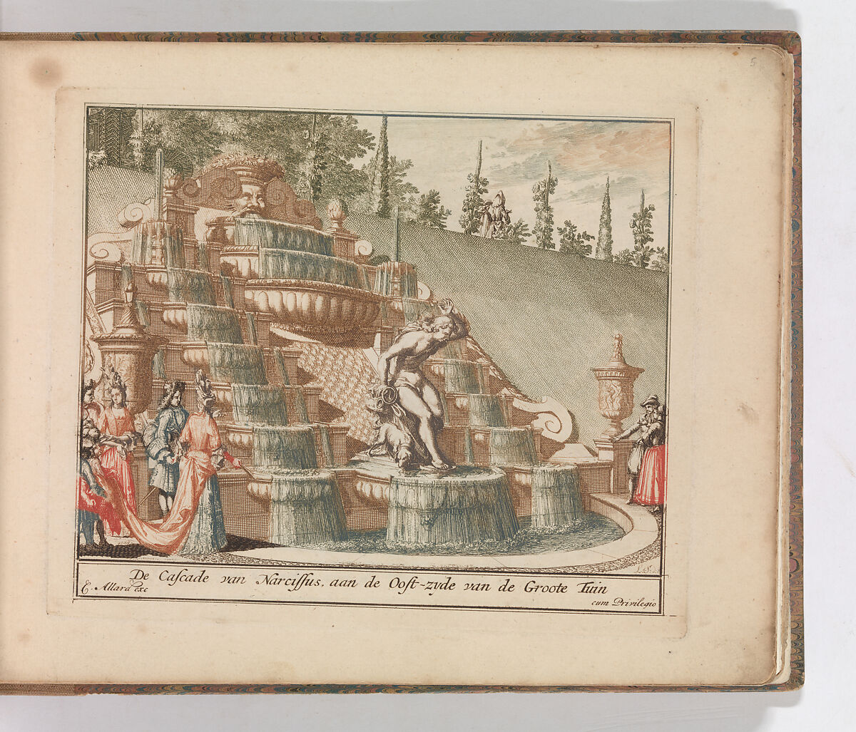 'De Cascade van Narcissus, aan de Oost-zyde van de Groote Tuin', in: Tooneel Der Voornaamste Nederlands Huizen, En Lust Hoven, Naar T Leven Afgebeeld, Carel Allard (Dutch, Amsterdam 1648–ca. 1709 Amsterdam), Color engraving (à la poupée) 