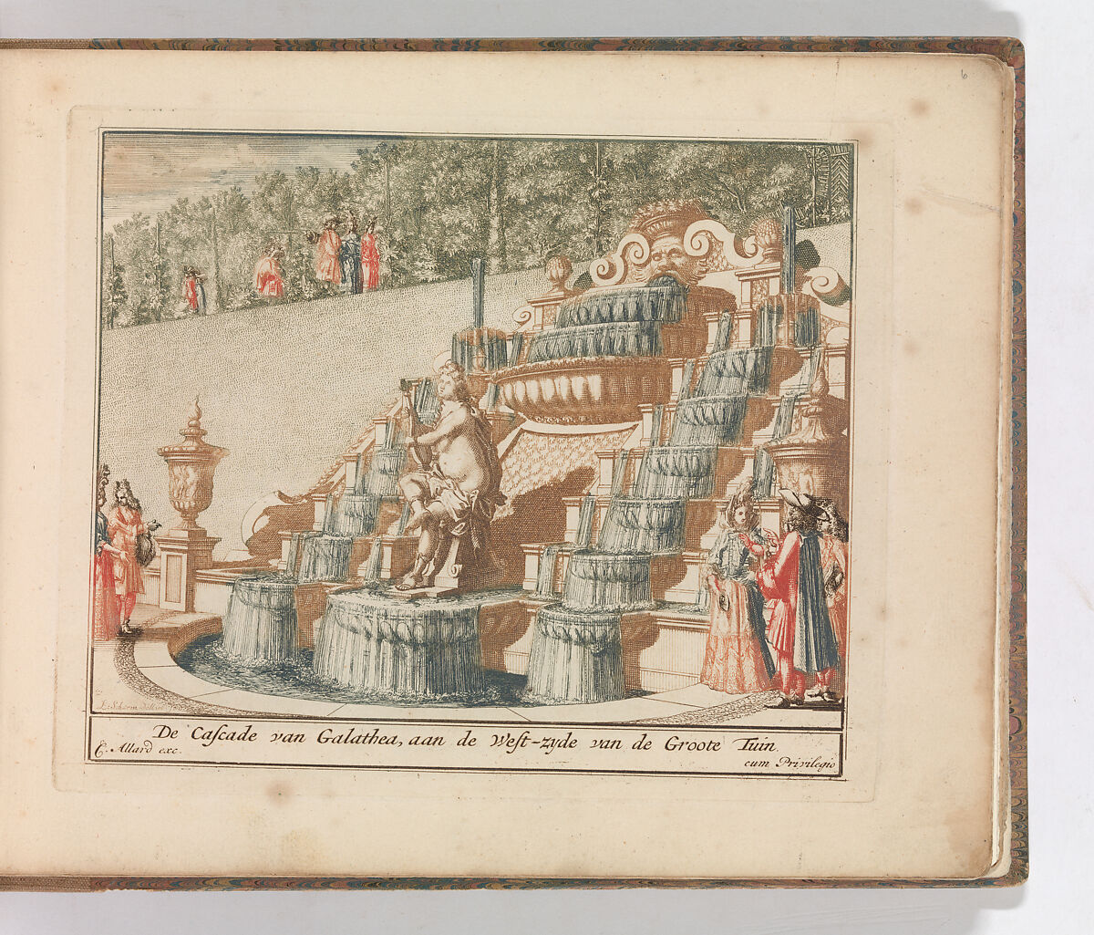 'De Cascade van Galathea, aan de West-zyde van de Groote Tuin', in: Tooneel Der Voornaamste Nederlands Huizen, En Lust Hoven, Naar T Leven Afgebeeld, Carel Allard (Dutch, Amsterdam 1648–ca. 1709 Amsterdam), Color engraving (à la poupée) 