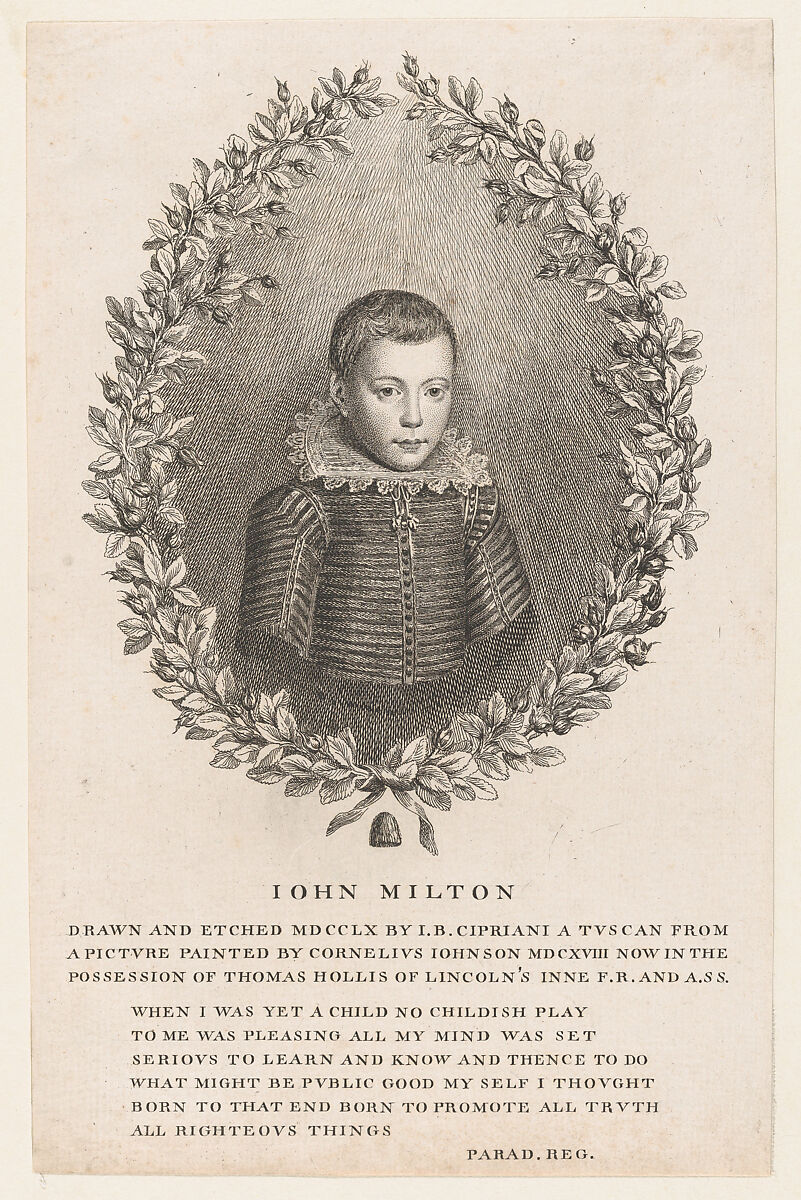 John Milton as a Boy, Giovanni Battista Cipriani (Italian, Florence 1727–1785 Hammersmith (active London)), Etching 