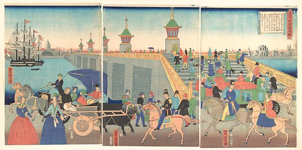 Illustration of London, England (Igirisukoku rondon zu), Utagawa Yoshitora (Japanese, active ca. 1850–80), Triptych of woodblock prints; ink and color on paper, Japan 